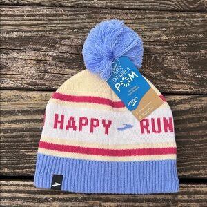 New Brooks Heritage POM beanie Happy Run Beanie - Blue and Cream NWT